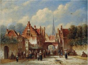 A Sunlit Square With Figures By A Water Pump by Pieter Gerard Vertin