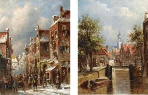Figures In The Snow Covered Streets Of Amsterdam; A Sunny View Ofoudewater (a Pair)
