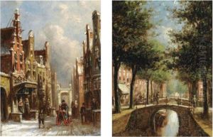A Sleigh In The Streets Of Alkmaar; A Sunlit Canal In Delft (apair) by Pieter Gerard Vertin