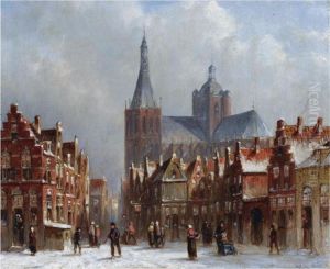Figures On A Square In A Wintry Town, Possibly's-hertogenbosch by Pieter Gerard Vertin