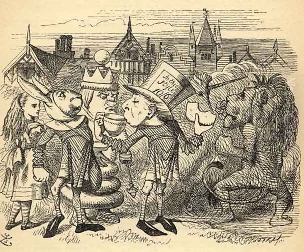 The Mad Hatter, Hare, the King and Alice, illustration from Through the Looking Glass by Lewis Carroll 1832-98 first published 1871 - view 1