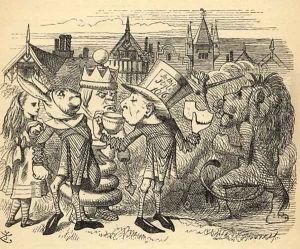 The Mad Hatter, Hare, the King and Alice, illustration from Through the Looking Glass by Lewis Carroll 1832-98 first published 1871 by John Tenniel
