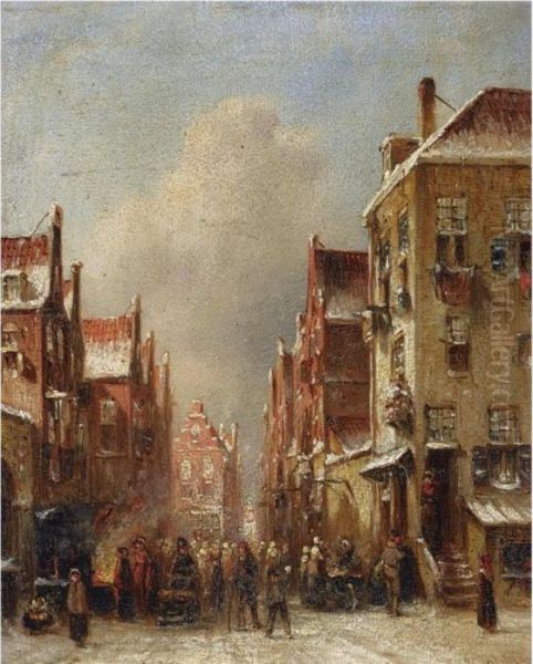 A Busy Snow Covered Street In A Dutch Town - view 1