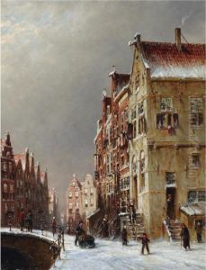 Figures In The Snow Covered Streets Of A Dutch Town by Pieter Gerard Vertin