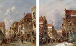 A Sunny Day In A Dutch Town;
Many Figures In The Snow Coveredstreet Of A Dutch Town (a Pair) by Pieter Gerard Vertin