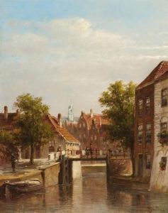 Canal With Passers By In A Dutch Town by Pieter Gerard Vertin