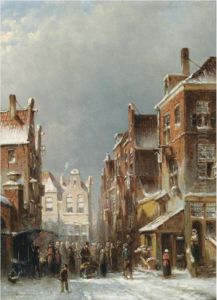 Figures In The Streets Of A Wintry Dutch Town by Pieter Gerard Vertin