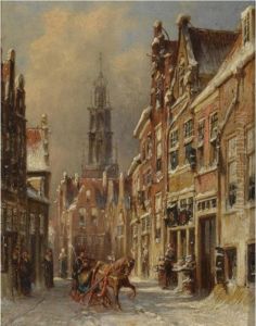 Figures On A Sledge In A Snow-covered Dutch Town by Pieter Gerard Vertin