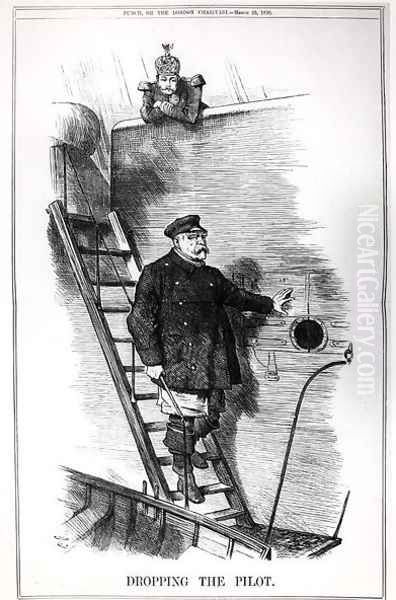 Dropping the Pilot, caricature of Otto von Bismarck 1815-98 and Kaiser Wilhelm II 1797-1888 from Punch, or The London Charivari, 29th March 1890 by John Tenniel
