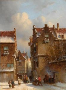 Figures Buying Chestnuts At A Stall In A Wintry Town