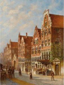 Figures In The Sunlit Streets Of A Dutch Town by Pieter Gerard Vertin