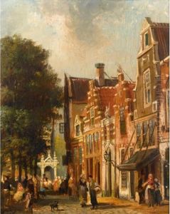 Villagers In The Streets Of A Dutch Town by Pieter Gerard Vertin