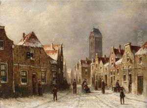 Figures In The Streets Of A Snow Covered Dutch Town Figures In The Streets Of A Snow Covered Dutch Town