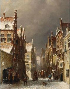 Figures In The Snow Covered Streets Of A Dutch Town by Pieter Gerard Vertin