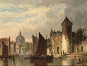 Moored Barges In A City Canal