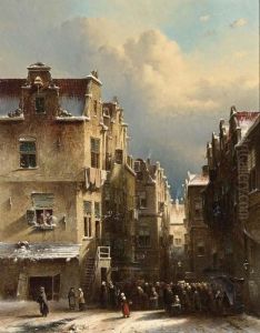 Figures In The Streets Of A Wintry Dutch Town by Pieter Gerard Vertin