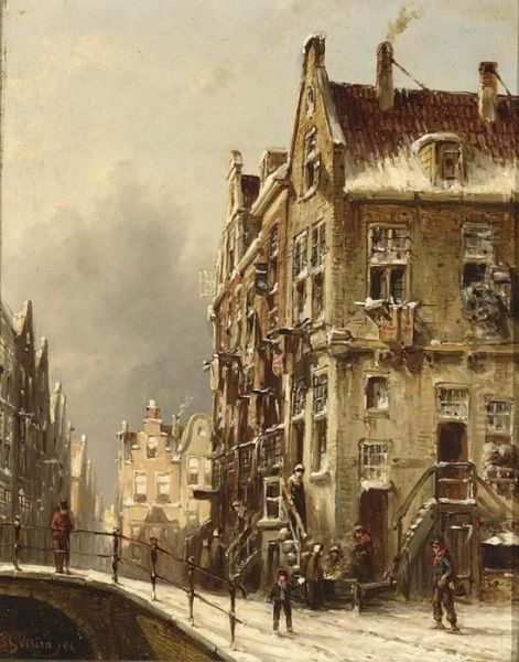 Wintry Town View With Figures On A Bridge - view 1