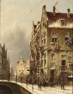 Wintry Town View With Figures On A Bridge by Pieter Gerard Vertin