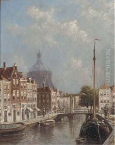 View Of The Oude Singel, Leiden, With The Marekerk Beyond