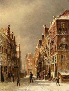 Figures In A Snow Covered Dutch Town by Pieter Gerard Vertin