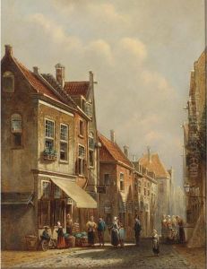 Villagers In The Streets Of A Dutch Town by Pieter Gerard Vertin