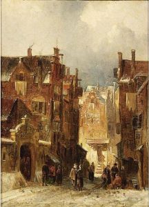 Villagers In The Streets Of A Wintry Dutch Town by Pieter Gerard Vertin