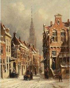 Villagers In A Snow Covered Dutch Town by Pieter Gerard Vertin