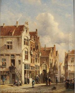 Figures In The Sunlit Streets Of A Dutch Town by Pieter Gerard Vertin