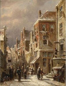 Villagers In The Streets Of A Wintry Dutch Town by Pieter Gerard Vertin