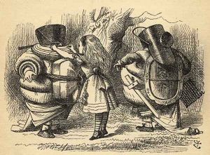 The Battle over the Rattle, illustration from Through the Looking Glass by Lewis Carroll 1832-98 first published 1871 by John Tenniel