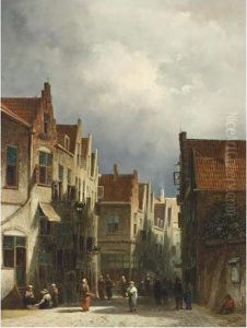 A Busy Street Scene In A Dutch Town by Pieter Gerard Vertin