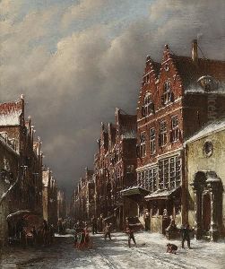 Figures In A Dutch Street In Winter by Pieter Gerard Vertin