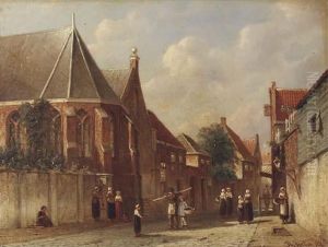 Figures By A Church In A Dutch Village by Pieter Gerard Vertin