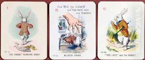 Three Happy Family cards depicting characters from Alice in Wonderland by Lewis Carroll (1832-98) adapted by Emily Gertrude Thomson d.1932 early 20th century by John Tenniel