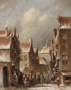 A Busy Street In A Dutch Town In Winter by Pieter Gerard Vertin