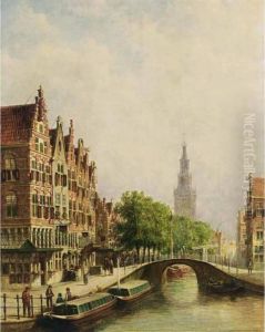 A View Of A Canal With The Westerkerk In The Background, Amsterdam by Pieter Gerard Vertin