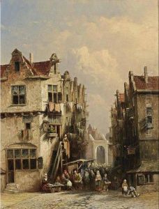 A Busy Street In A Dutch Town by Pieter Gerard Vertin