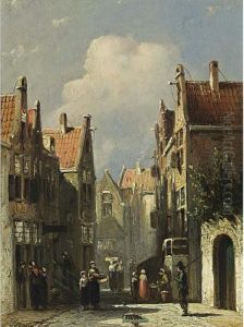 Villagers In The Streets Of A Dutch Town by Pieter Gerard Vertin