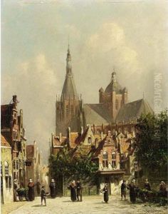 Villagers In The Streets Of A Dutch Town by Pieter Gerard Vertin