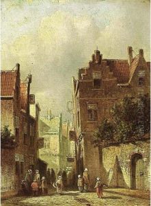 Villagers In The Streets Of A Dutch Town by Pieter Gerard Vertin
