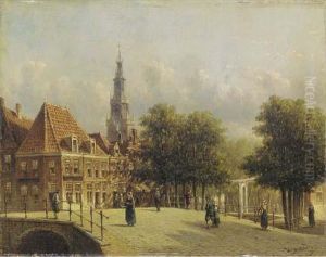 Townsfolk Strolling On A Bridge With A Churchtower In The Distance