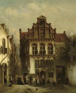 A Townscene With Figures Conversing