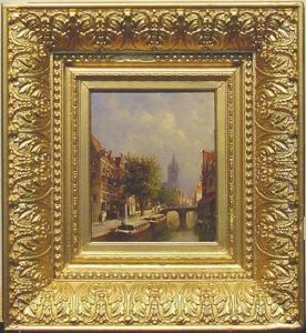 Moored Canal Boats With The Oude Kerk In The Distance, Delft by Pieter Gerard Vertin