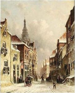 A Snowy Street With A Church In The Background by Pieter Gerard Vertin