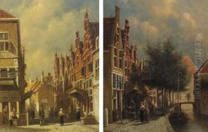 Numerous Figures In A Street; A View Of A Canal In A City by Pieter Gerard Vertin