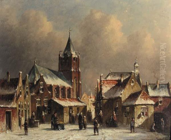 Townsfolk Conversing On A Snow-covered Square In A City - view 1
