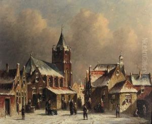 Townsfolk Conversing On A Snow-covered Square In A City