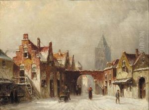 Busy Street In A Town In Winter; Figures On A Townsquare Insummer