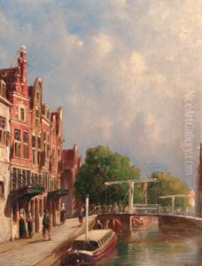 Figures On A Sunlit Quay With Drawbridges Over A Canal