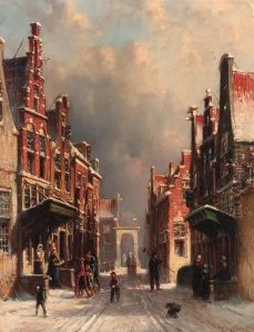 A Town View In Winter With Figures Conversing On Porches Andchildren Throwing Snowballs